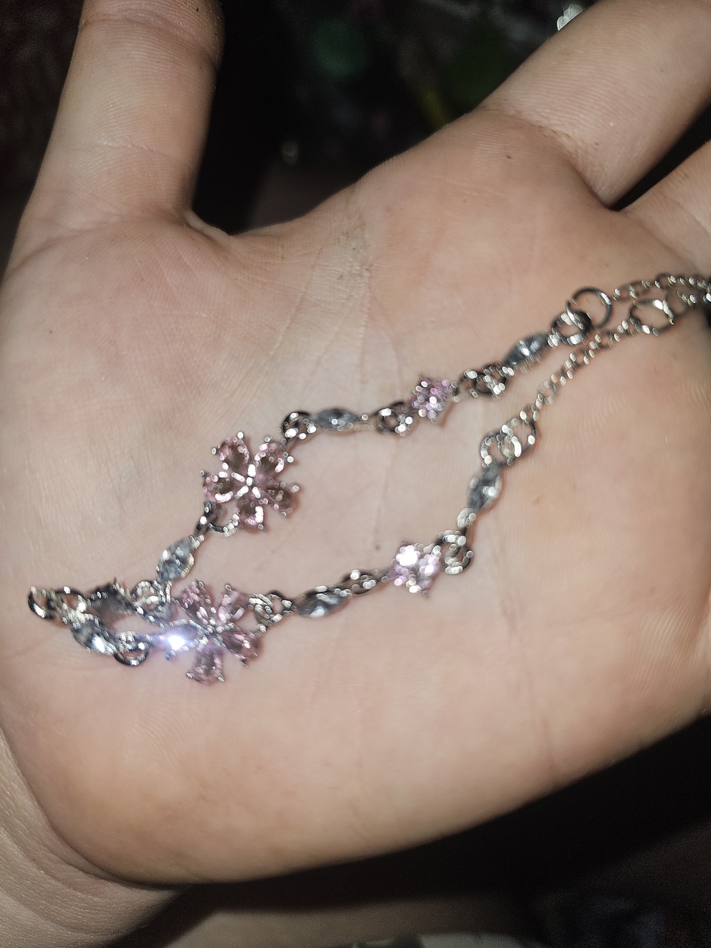 Silver Floral Bracelet with Pink Crystals - Women's Jewelry